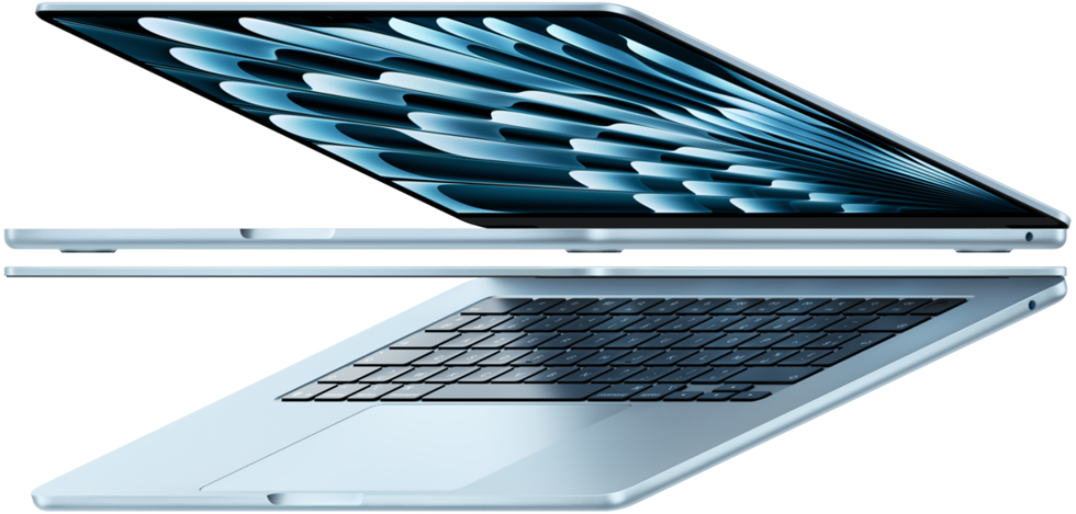 Deux MacBook Air bleu ciel ouverts forment une flèche, soulignant la finesse du profil