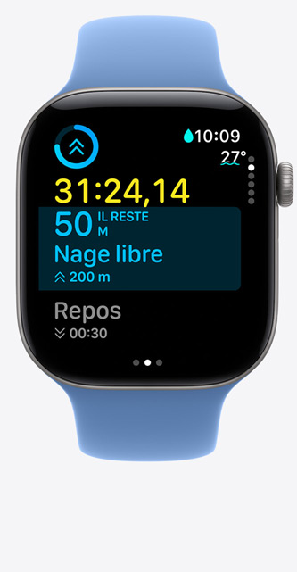 Apple Watch Series 12, boîtier en aluminium, gris sidéral, écran Exercice avec un exercice de Nage en piscine, données à l’écran, Bracelet Sport, couleur bleuet