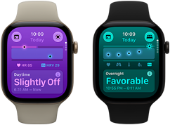 Δύο συσκευές Apple Watch Series 12: κάσα από αλουμίνιο, ανοιχτό χρυσαφί χρώμα, Ημερήσιες Ζωτικές Ενδείξεις ελαφρώς εκτός τυπικού εύρους, Digital Crown, λουράκι Sport Band σε χρώμα άμμος, κάσα από αλουμίνιο, μαύρο χρώμα, Νυχτερινές Ζωτικές Ενδείξεις θετικές, Digital Crown, λουράκι Sport Band σε μαύρο χρώμα
