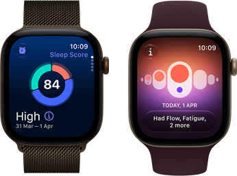 Δύο συσκευές Apple Watch Series 12, κάσα από αλουμίνιο σε σκούρο μπρονζέ χρώμα, κυκλικό γράφημα ποιότητας ύπνου, Digital Crown, λουράκι Milanese Loop σε σκούρο μπρονζέ χρώμα, κάσα από αλουμίνιο σε ανοιχτό χρυσαφί χρώμα, Καταγραφή Κύκλου, λουράκι Sport Band σε μπορντό χρώμα