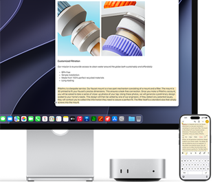 Μπροστινή όψη του Mac mini τοποθετημένου κάτω από μια οθόνη Studio Display, ένα iPhone βρίσκεται στα δεξιά της συσκευής και της οθόνης, κείμενο επιλεγμένο με τις εντολές αποκοπής, αντιγραφής, επικόλλησης και αυτόματης συμπλήρωσης παραπάνω στο iPhone ταιριάζει με το επισημασμένο κείμενο στην οθόνη, παρουσίαση του Universal Clipboard