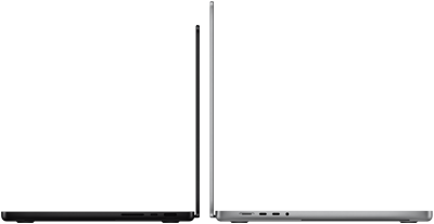 MacBook Pro 14 ιντσών και 16 ιντσών πλάτη με πλάτη που δείχνουν τη διαφορά μεγεθών και δίνουν έμφαση στο στενό τους προφίλ