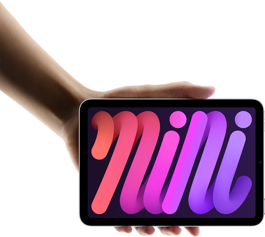 iPad mini is held in landscape view by a user in one hand to show compact size and portability.