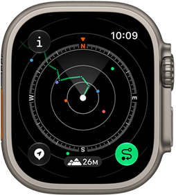 Apple Watch Ultra 4, kućište od titanija, prirodna boja, Povratak prikazuje rutu sa smjernicama na kompasu, desna bočna strana, Digital Crown, izdignuta bočna tipka