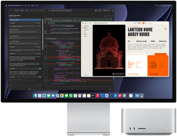 Studio Display XDR, na zaslonu je prikazan dokument u procesu izrade u programu XCode uz asistenciju modela Claude Agent, prikaz prednje strane uređaja Mac Studio