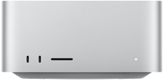 Prednja strana uređaja Mac Studio s srebrnoj boji s 2 USB-C priključka, utorom za karticu SDXC, svjetlosnim indikatorom, postoljem suženim pri dnu i ravnim gornjim dijelom, zaobljenim uglovima i ravnim rubovima, stražnja strana uređaja Mac Studio s perforiranim ventilacijskim otvorom , 4 priključka Thunderbolt 5, Ethernet priključkom, priključkom za utičnicu, 2 USB-A priključka, HDMI priključkom, priključkom za slušalice i gumbom za uključivanje/isključivanje