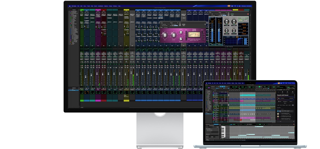 Studio Display i prijenosno računalo Mac prikazuju rad u aplikaciji Pro Tools s integracijom Splicea, dok nanoteksturirano staklo umanjuje odsjaj na tamnom programskom zaslonu