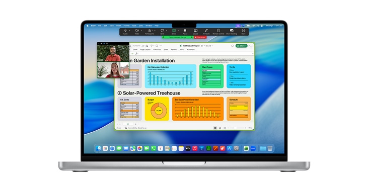 Egy 14 hüvelykes MacBook Prón több alkalmazásablak van megnyitva, többek között a Microsoft Excel és a Zoom.