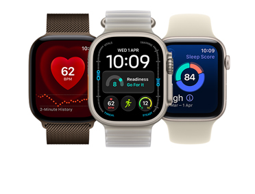 Three Apple Watch devices: Apple Watch Series 12, aluminium case, dark bronze colour, Heart Rate app, dark bronze colour Milanese Loop, Apple Watch Ultra 4, titanium case, natural colour, Modular watch face with readiness, heart rate, Workouts and UV Index complications, right side exterior, Digital Crown, raised side button, translucent kelp colour Ocean Band, Apple Watch SE 3, aluminium case, starlight colour, sleep score, right side exterior, Digital Crown, sand colour Sport Band
