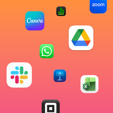 Icons of productivity apps including Slack, Canva, Google Workspace, Zoom, Quickbooks, Keynote, Excel, Square, and Numbers against a colorful background.