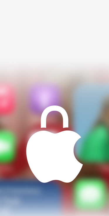 Apple privacy logo with a lock icon, white on a blurred background of the Apple HomeView home screen