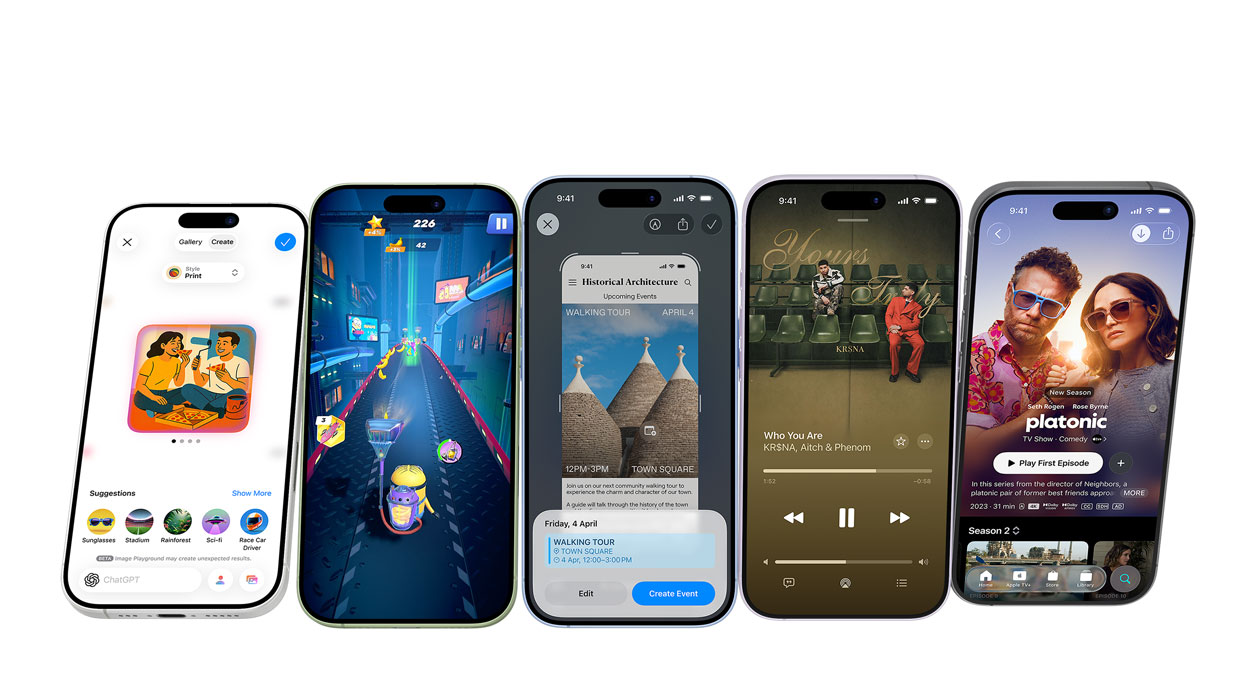 iPhone 17 devices in different colors, screens showing various apps