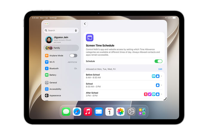 iPad Pro 11, Silver, screen shows Time Allowance and Screen Time Schedule options in Settings to allow time and media categories for their child