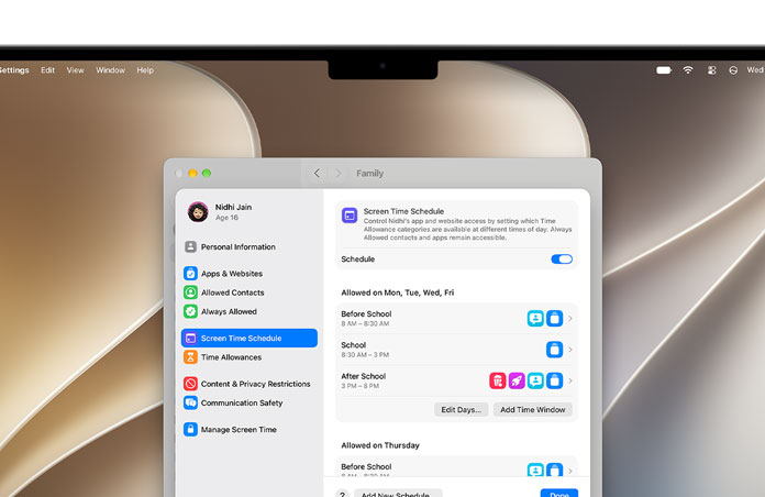 MacBook Pro screen shows Time Allowance and Screen Time Schedule options in Settings to allow time and media categories for their child