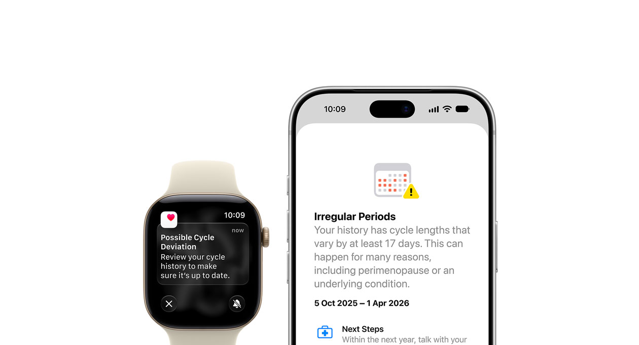 Health app Cycle Tracking update of Possible Cycle Deviation on Apple Watch Series 12 Sand Sport Strap with Aluminium Light Gold case and iPhone 18 Pro