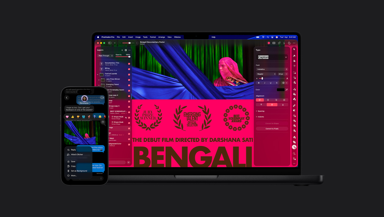 iPhone 16″ screen showing photo of woman with pink veil in the Messages app, emoji reactions, image options, MacBook Pro 14″ screen showing photo of woman in pink veil, movie poster, editing tools on left and right sides