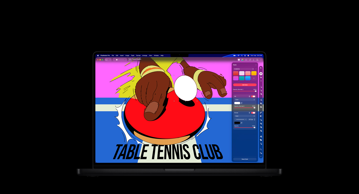 MacBook Pro 16″ screen, colourful poster for Table Tennis Club, colour-editing tools