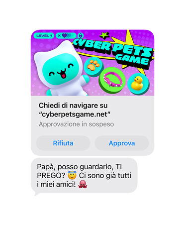 Schermata di un iPhone con un messaggio di testo che mostra lo screenshot del sito cyberpetsgame.net, i pulsanti Rifiuta e Approva sotto l’immagine, il testo del messaggio, Papà, posso dare un’occhiata? Tutti i miei amici ci giocano già