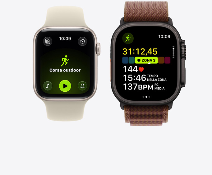 Apple Watch Series 12, cassa in alluminio color oro chiaro, allenamento Corsa outdoor attivo con i comandi di riproduzione di Apple Music, Apple Watch Ultra 4, cassa in titanio nero, allenamento Corsa attivo, frequenza cardiaca nella zona 3