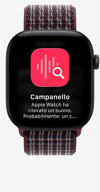 Apple Watch Series 12, cassa in alluminio nero, schermata di conversazioni in evidenza, cinturino Sport Loop borgogna a quadri