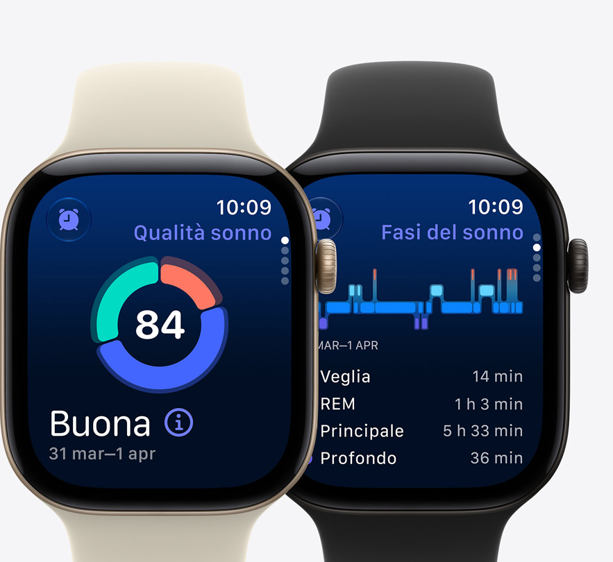 Dispositivi Apple Watch Series 12, schermata Qualità del sonno, notifica di possibile apnea notturna