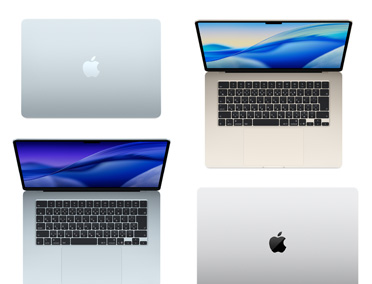 モデル、サイズ、カラーの異なる4台のMacコンピュータ。カスタマイズの幅広さを示している