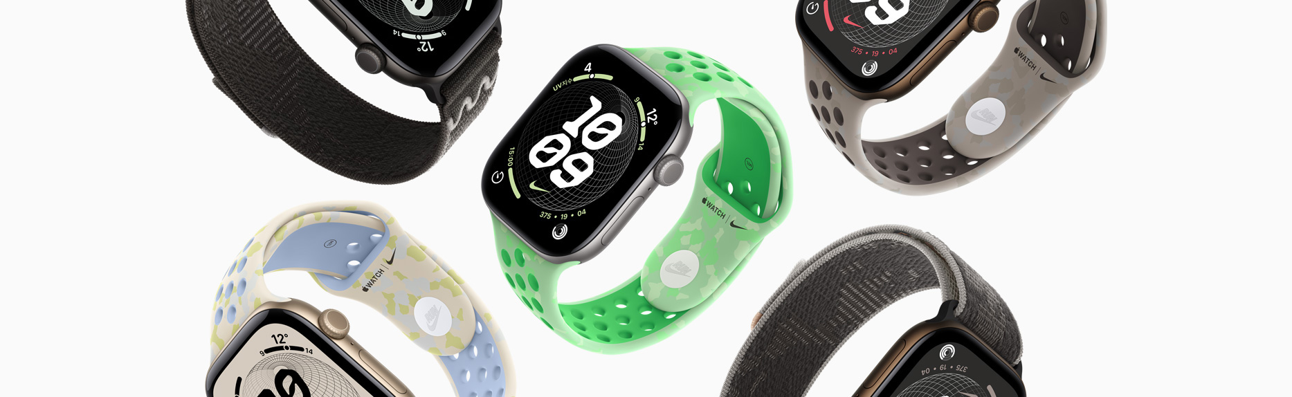 다양한 Nike 밴드와 Nike 시계 페이스를 보여주는 Apple Watch 기기들