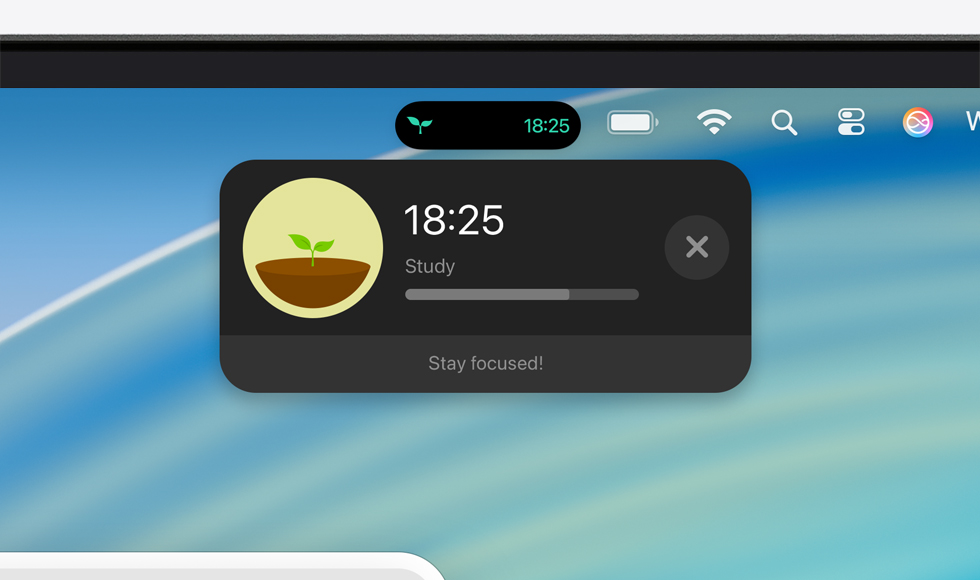 Extremo superior de la pantalla de un dispositivo Mac que muestra la barra de menús con una Actividad en Vivo ampliada de la app Forest
