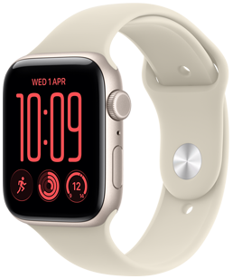 „Apple Watch SE 3“, aliuminio korpusas, žvaigždžių šviesos spalva, dešinės pusės išorinė dalis, „Digital Crown“ ratukas, mikrofonas, šoninis mygtukas, prijungtas prie sportinio dirželio, smėlio spalvos (šviesiai rusvos), prakišamas užsegimas su kaišteliu (sidabrinis kaištelis)