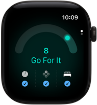 „Apple Watch Series 12“: juodos spalvos aliuminio korpusas, pasirengimo įvertis – 8, dešinėje korpuso pusėje – „Digital Crown“.