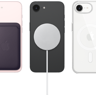 „iPhone 17e“, nugarėlė, švelnios rožinės spalvos, „FineWoven Wallet“ su prijungtu „MagSafe“, „iPhone 17e“, nugarėlė, juodos spalvos, „MagSafe“ įkroviklis, „iPhone 17e“, nugarėlė, baltos spalvos, skaidrus dėklas su prijungtu „MagSafe“