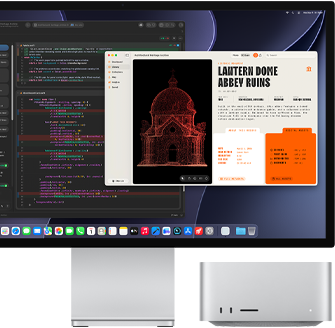 „Studio Display XDR“, ekrane rodomas „Claude Agent“ redaguojamas dokumentas programoje „XCode“, „Mac Studio“, vaizdas iš priekio