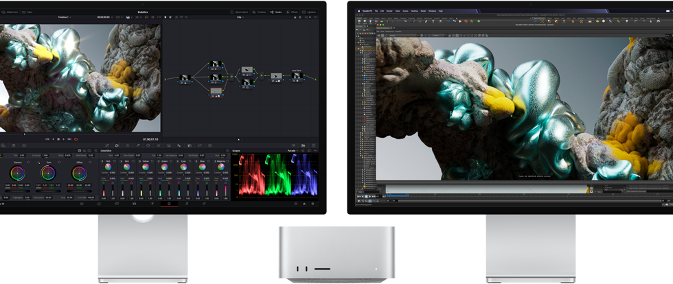 „Studio Display“ monitorius ir „Studio Display XDR“ monitorius, po vieną iš abiejų „Mac Studio“ pusių, kuriuose rodoma menininko darbo erdvė, 3D modeliavimo programinė įranga ir įrankiai