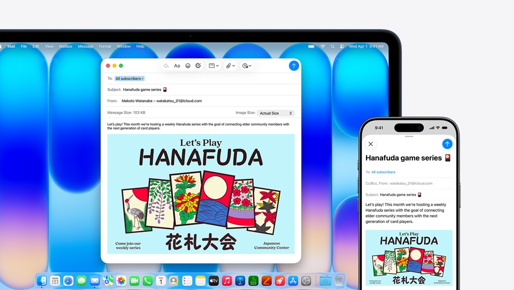 Indigo spalvos „MacBook Neo“, šalia „iPhone“, abiejuose ekranuose rodomas tas pats el. laiškas, kuriame pranešama apie renginį bendruomenės centre