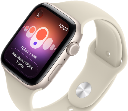 Apple Watch SE 3, alumīnija ietvars zvaigžņu krāsā, Cycle Tracking aplikācija ar dažādiem menstruālajiem simptomiem, labā sāna ārpuse, Digital Crown, sānu poga, sporta siksniņa smilšu krāsā
