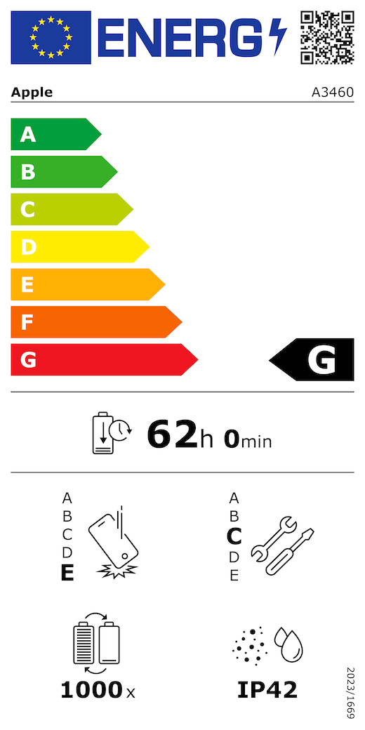 ES energomarķējuma QR kods un informācija, Apple modelis A3460, G klase, energoefektivitātes klases (skalā no A līdz G), no A (visefektīvākā) līdz G (visneefektīvākā), akumulatora izturība vienā ciklā, 62 stundas un 0 minūtes ar pilnībā uzlādētu akumulatoru, vairākkārtējas kritienizturības klase: E, no A (visizturīgākā) līdz E (visneizturīgākā), remontējamības klase: C, no A (visremontējamākā) līdz E (visneremontējamākā), akumulatora cikliskā izturība: 1000, korpusa aizsargātības pret putekļiem un ūdeni pakāpe (IP) IP42, Regula 2023/1669