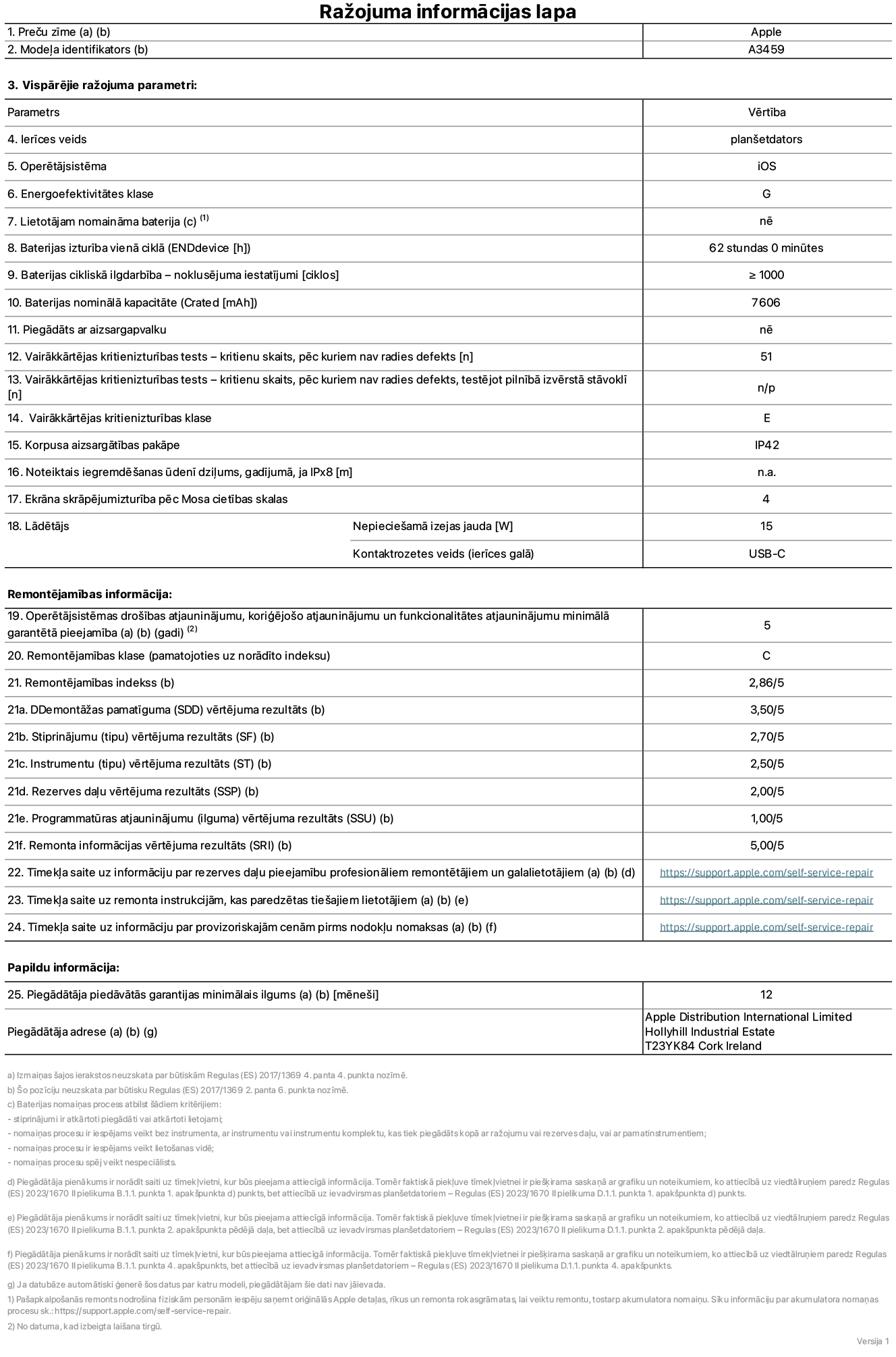 Produkta informācijas lapa – 11 collu iPad Air Wi-Fi, modelis A3459. Piegādātājs: Apple Distribution International Limited, Hollyhill Industrial Estate. Korka, Īrija, T23 YK84. Ierīces veids: planšetdators. Operētājsistēma: iOS. Energoefektivitātes klase: G. Lietotāja paša spēkiem nomaināms akumulators: nē. Akumulatora izturība vienā ciklā: 62 stundas. Akumulatora cikliskā izturība – noklusējuma iestatījumi: lielāka par vai vienāda ar 1000. Akumulatora nominālā kapacitāte: 7606 miliampērstundas. Piegādāts ar aizsargapvalku: nē. Vairākkārtējas kritienizturības tests – kritienu skaits, pēc kuriem nav radies defekts: lielāks par vai vienāds ar 51. Vairākkārtējas kritienizturības tests – kritienu skaits, pēc kuriem nav radies defekts, testējot pilnībā izvērstā stāvoklī: nav piemērojams. Vairākkārtējas kritienizturības klase: E. Korpusa aizsargātības pakāpe: IP42. Noteiktais iegremdēšanas ūdenī dziļums, gadījumā, ja IPx8: nav piemērojams. Ekrāna skrāpējumizturība pēc Mosa cietības skalas: 4. Lādētājam nepieciešamā izejas jauda: 15 vati. Lādētāja kontaktrozetes veids (ierīces galā): USB-C. Operētājsistēmas drošības atjauninājumu, koriģējošo atjauninājumu un funkcionalitātes atjauninājumu minimālā garantētā pieejamība: 5 gadi. Remontējamības klase: C. Remontējamības indekss: 2,86/5. Demontāžas pamatīguma (SDD) vērtējuma rezultāts: 3,50/5. Stiprinājumu vērtējuma rezultāts: 2,70/5. Instrumentu vērtējuma rezultāts: 2,50/5. Rezerves daļu vērtējuma rezultāts: 2,00/5. Programmatūras atjauninājumu vērtējuma rezultāts: 1,00/5. Remonta informācijas vērtējuma rezultāts: 5,00/5. Tīmekļa saite uz informāciju par rezerves daļu pieejamību profesionāliem remontētājiem un galalietotājiem: https://support.apple.com/self-service-repair. Tīmekļa saite uz remonta instrukcijām, kas paredzētas galalietotājiem: https://support.apple.com/self-service-repair. Tīmekļa saite uz informāciju par provizoriskajām cenām pirms nodokļu nomaksas: https://support.apple.com/self-service-repair. Piedāvātās garantijas standarta ilgums: 12 mēneši.