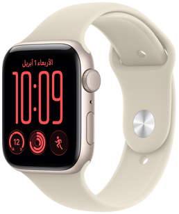 ساعة Apple Watch SE 3، إطار ألومنيوم، لون ضوء النجوم، الجهة الخارجية اليمنى، قرص التاج الرقمي، ميكروفون، الزر الجانبي، متصلة بحزام رياضي، لون رملي (أسمر فاتح)، نظام إغلاق بمشبك على شكل مسمار (مسمار باللون الفضي)