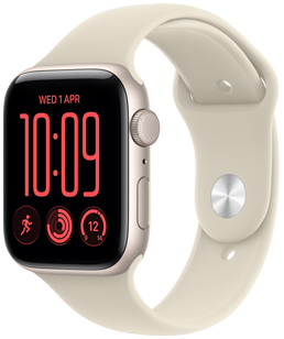 Apple Watch SE 3, aluminum case, starlight color, right side exterior, Digital Crown dial, microphone, side button, connected to Sport Band, sand color (pale tan), pin-and-tuck closure (silver pin)