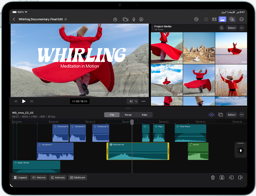 جهاز iPad Air، الجهة الخارجية الأمامية، يعرض تعديل فيديو في Final Cut Pro‏