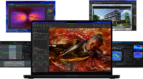 A variety of colorful screen content from music production, video editing, 3D animation, and photo editing apps on Mac, demonstrating powerful graphics performance