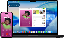 جهازا MacBook Pro وiPhone 16 Plus، تطبيق الهاتف مفتوح، جهة الاتصال نفسها معروضة على الشاشتين لتوضيح ميزة الاستمرارية