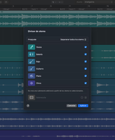 Interfaz de Logic Pro, Divisor de Stems con opciones para voces, bajo, batería, guitarra, piano y otros