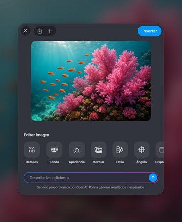 Ventana para generar imágenes, imagen colorida de un arrecife de coral, herramientas de edición de imagen, botón de insertar, barra para describir las ediciones de la imagen en la parte inferior