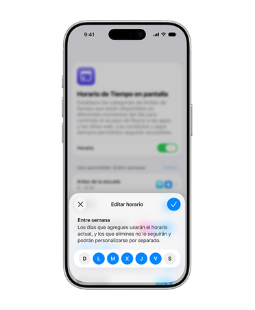 Un iPhone muestra la interfaz de ajustes de horarios con un mensaje para que el usuario edite los límites diarios de una Cuenta para Menores.