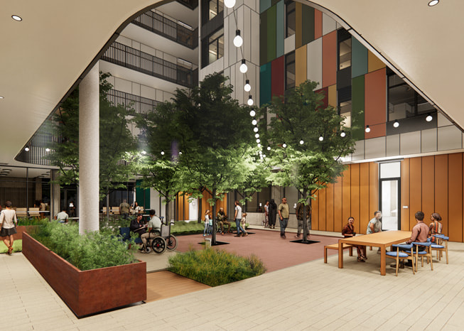 Un render de The Kelsey en San Francisco que muestra a los residentes en el patio del edificio en la planta baja.
