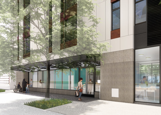 Un render del exterior de la entrada de The Kelsey en San Francisco.