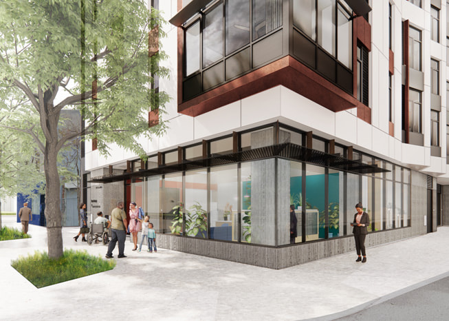 Un render del exterior de la planta baja de The Kelsey en San Francisco.