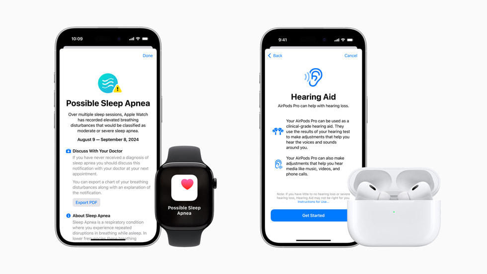 Deux iPhone 16 Pro affichant les nouvelles fonctionnalités Notifications d’apnée du sommeil et Appareil auditif.