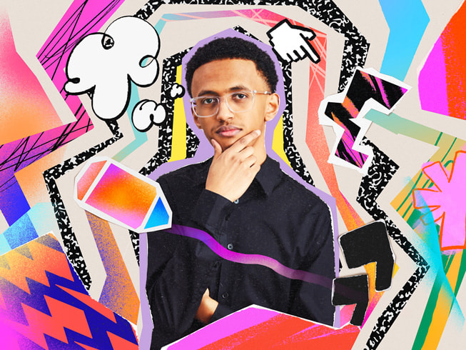 A colourful collage featuring a portrait of AccessEd creator, Nahom Worku.